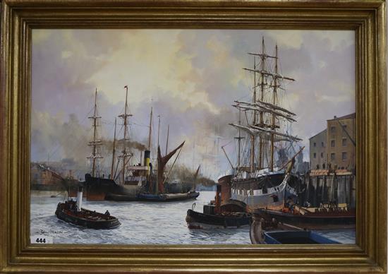 Barry Mason, oil on canvas board, shipping in harbour, signed, Omell Gallery label verso, 50 x 75cm